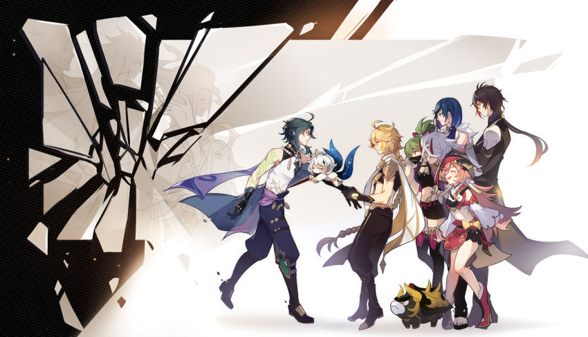 2134twone, 4boys, 4girls, aether_(genshin_impact), ahoge, antenna_hair, antlers, aqua_hair, arataki_itto, arm_tattoo, asymmetrical_gloves, asymmetrical_sleeves, blonde_hair, blue_eyes, blue_hair, blush, bonanus_(genshin_impact), bosacius_(genshin_impact), braid, braided_ponytail, brown_hair, chinese_commentary, closed_mouth, commentary_request, crop_top, detached_sleeves, diagonal_bangs, earrings, facial_mark, floating, forehead_mark, genshin_impact, gloves, gradient_hair, green_hair, highres, horns, indarias_(genshin_impact), jewelry, kuki_shinobu, long_sleeves, looking_at_another, mask, menogias_(genshin_impact), mouth_mask, multicolored_hair, multiple_boys, multiple_girls, ninja_mask, open_mouth, paimon_(genshin_impact), parted_bangs, pink_hair, scarf, single_braid, single_earring, standing, tassel, tassel_earrings, tattoo, thighs, ushi_(genshin_impact), white_hair, white_scarf, white_sleeves, yanfei_(genshin_impact), yelan_(genshin_impact), yellow_eyes, zhongli_(genshin_impact)
