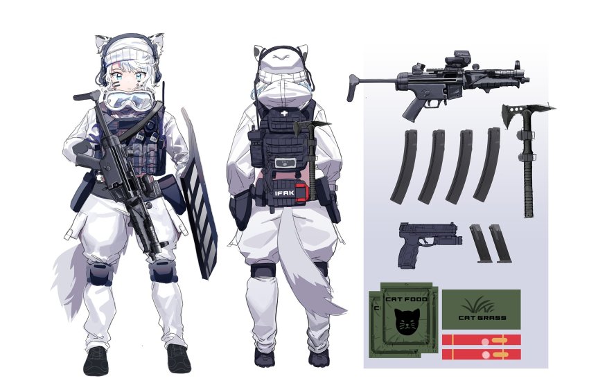 1girl, animal_ears, axe, backpack, bag, ballistic_shield, beanie, blue_eyes