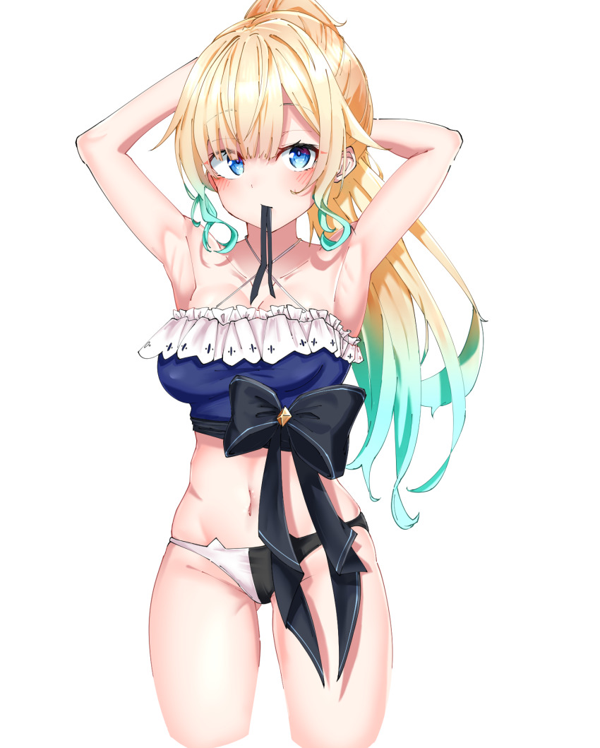 1girl, aizawa_ema, aqua_hair, armpits, arms_behind_head, bikini, black_bikini, black_bow