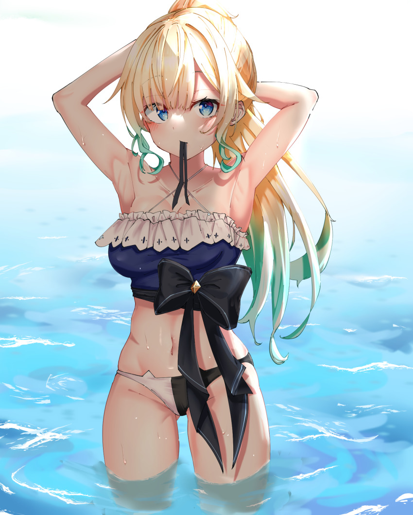 1girl, aizawa_ema, aqua_hair, armpits, arms_behind_head, bikini, black_bikini, black_bow