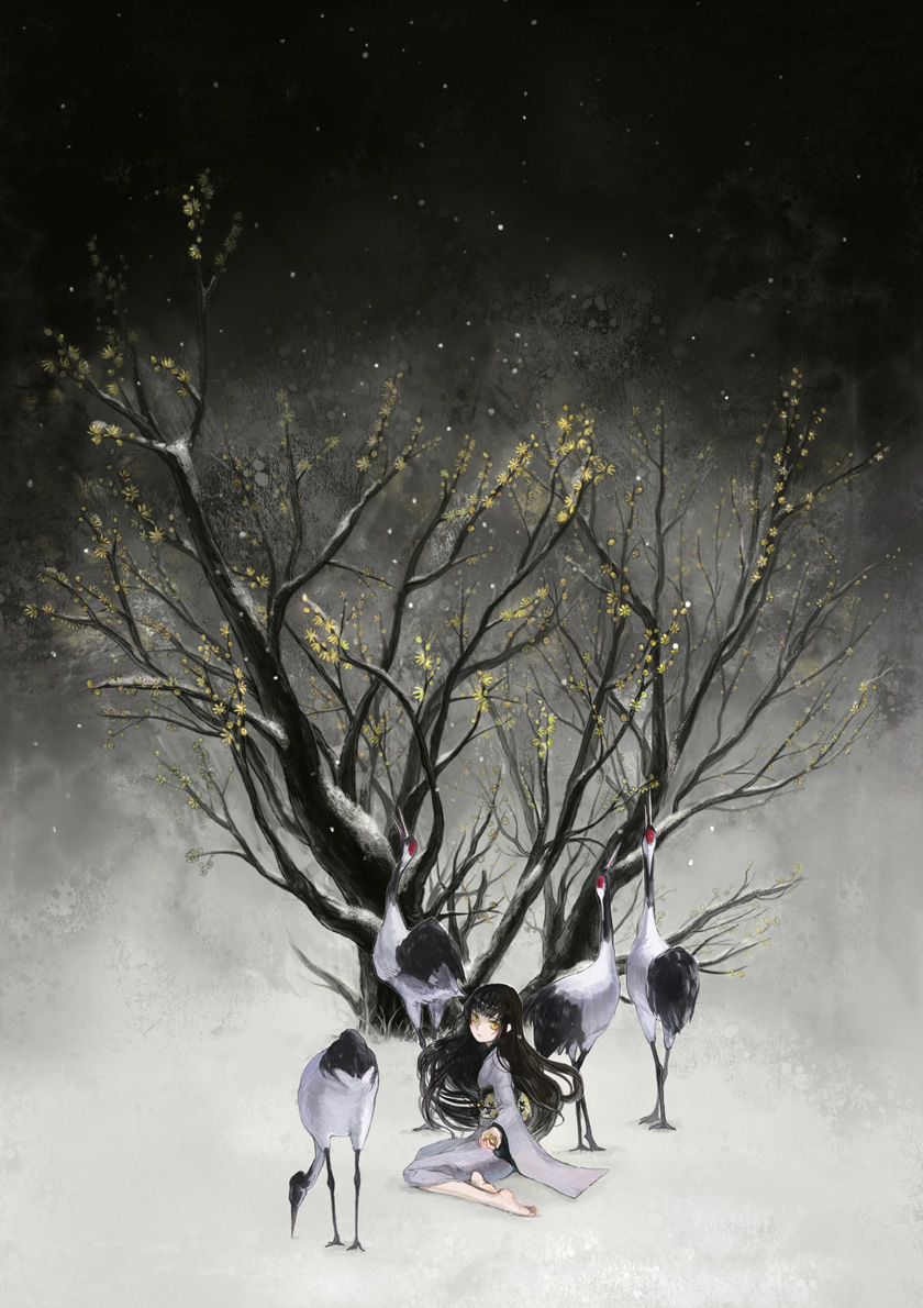 1girl, bad_id, bad_pixiv_id, bird, black_hair, crane_(animal), female_focus, flower