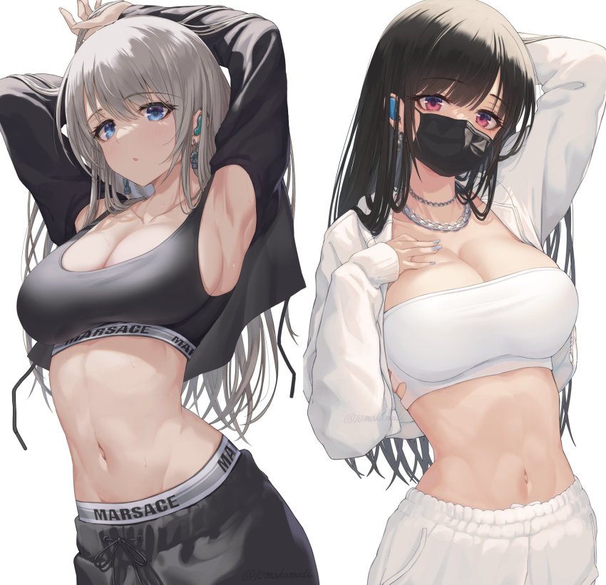2girls, :o, arm_behind_head, armpits, arms_up, bandeau, black_hair, black_jacket