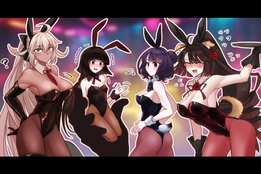 absurdres, ahoge, animal_ears, black_eyes, black_gloves, blush, breasts, brown_hair, closed_eyes, dark_skin, detached_collar, dog_ears, dog_tail, fate/grand_order, fate_(series), flower, gloves, grey_hair, hair_bun, hair_flower, hair_ornament, highres, katsushika_hokusai_(fate), kyokutei_bakin_(fate), large_breasts, letterboxed, long_hair, medium_breasts, nana73, okita_souji_(fate), okita_souji_alter_(fate), pantyhose, playboy_bunny, ponytail, purple_eyes, purple_hair, sen_no_rikyu_(fate), single_hair_bun, small_breasts, tail, wrist_cuffs, yellow_eyes