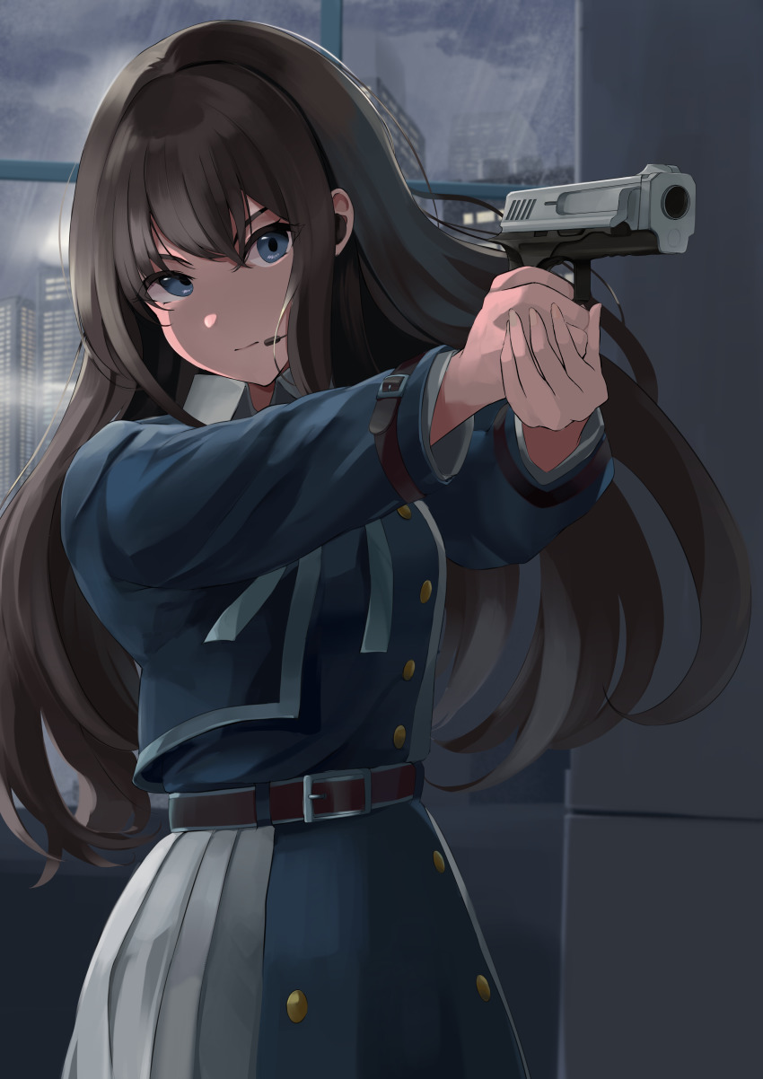 1girl, absurdres, aiming, black_hair, blue_eyes, closed_mouth, dress, gun