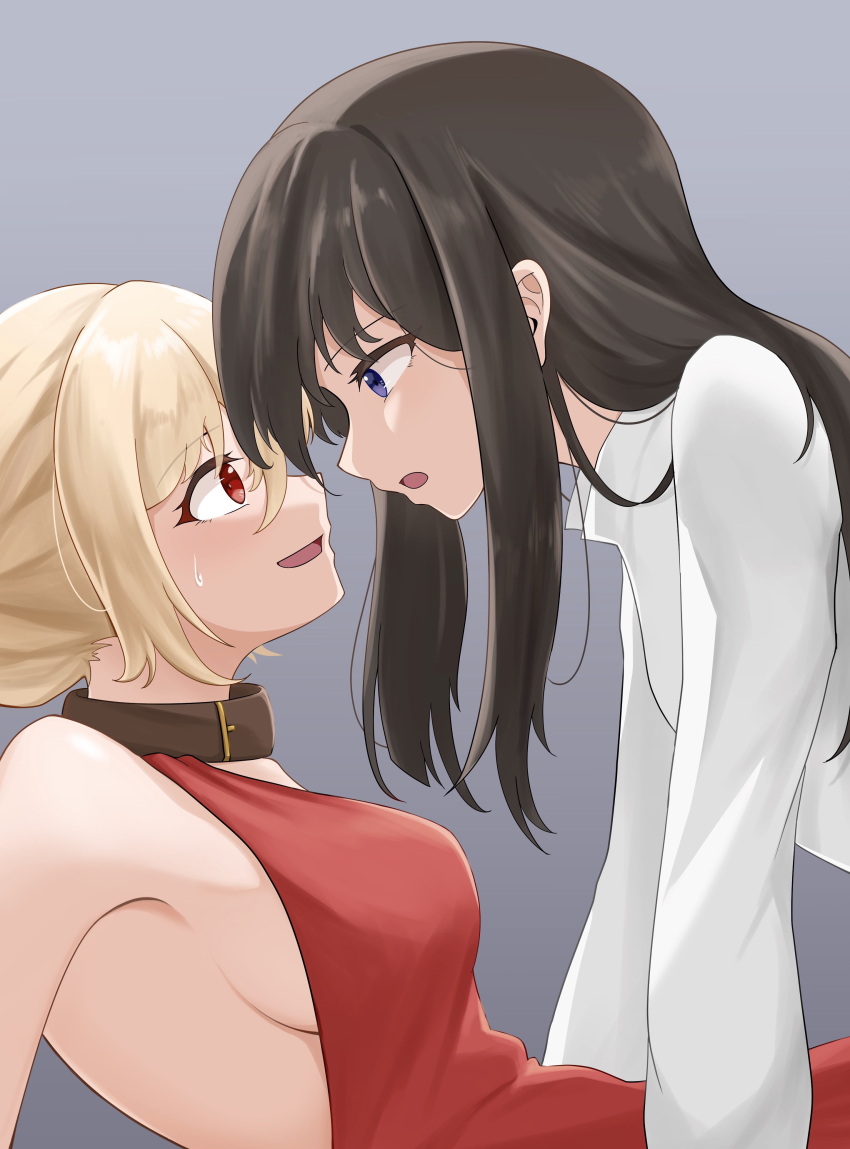 2girls, absurdres, black_collar, black_hair, blonde_hair, breasts, collar, dress, eye_contact, grey_background, highres, inoue_takina, long_hair, looking_at_another, lycoris_recoil, medium_breasts, multiple_girls, nishikigi_chisato, nittora, official_alternate_costume, open_mouth, purple_eyes, red_dress, red_eyes, short_hair, sideboob, simple_background, sleeveless, sleeveless_dress, smile, sweatdrop, yuri