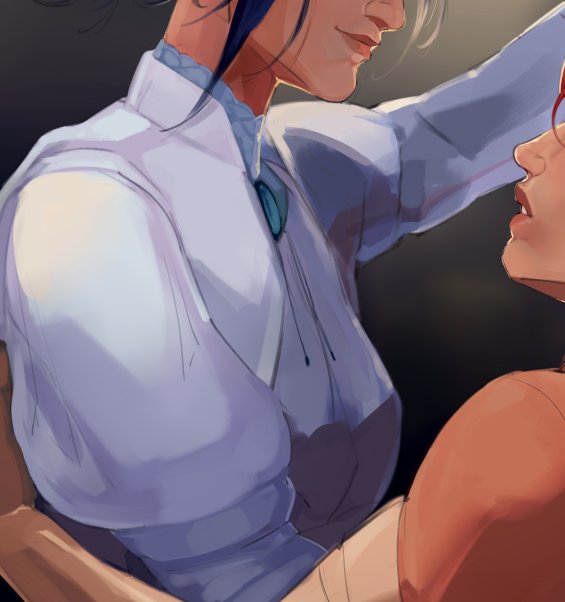 2girls, blurry, blurry_background, breasts, caitlyn_(league_of_legends), closed_mouth, facing_another, grey_shirt, juliet_sleeves, large_breasts, league_of_legends, long_sleeves, multiple_girls, nic_(attckher), parted_lips, puffy_sleeves, red_hair, shirt, short_hair, smile, teeth, upper_body, vi_(league_of_legends), yuri