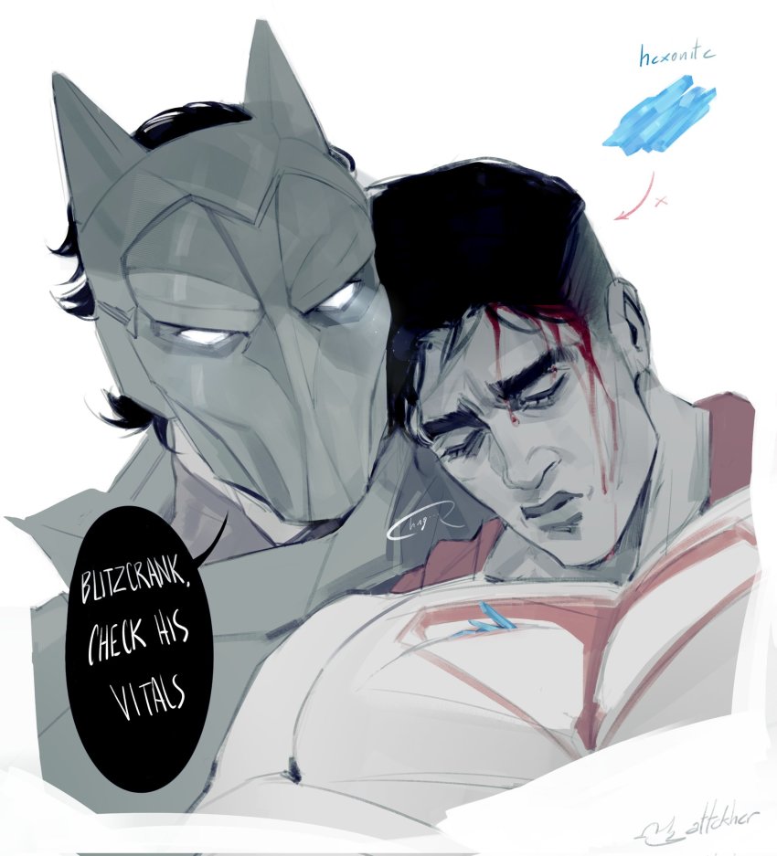 2boys, artist_name, blood, blood_on_face, closed_eyes, closed_mouth, dc_comics, english_text