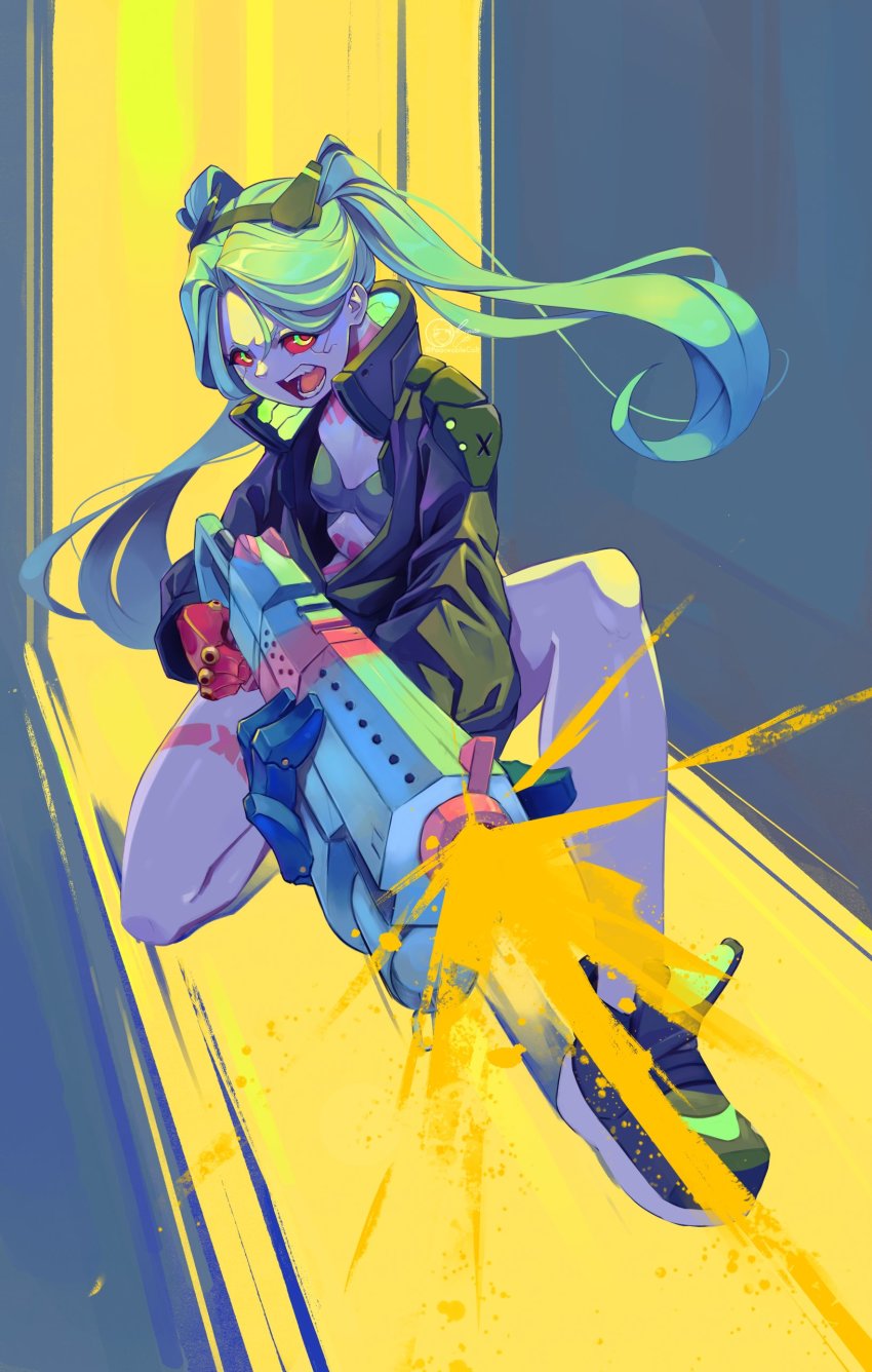 1girl, absurdres, black_bra, black_jacket, black_panties, bra, cyberpunk:_edgerunners, cyberpunk_(series), green_hair, gun, highres, jacket, mechanical_eyes, on_one_knee, open_clothes, open_jacket, panties, peaceablecolt, rebecca_(cyberpunk), simple_background, solo, twintails, underwear, weapon