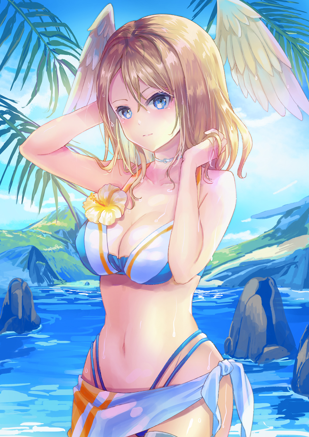 1girl, bikini, blonde_hair, blue_bikini, blue_eyes, blue_sky, breasts, cleavage