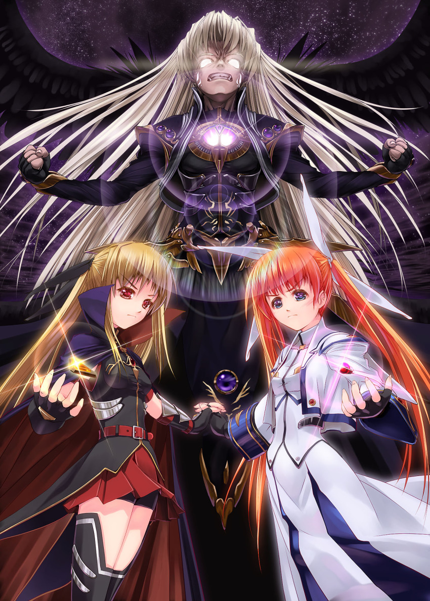 00s, 3girls, bad_id, bad_pixiv_id, bardiche_(nanoha), bardiche_(standby_form)_(nanoha), black_wings, blonde_hair
