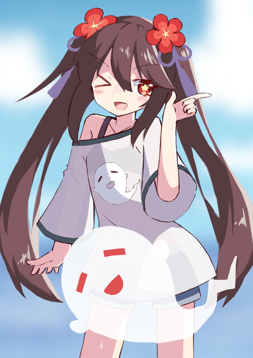 >_o, 1girl, ;d, absurdres, bare_shoulders, bikini, bikini_under_clothes, black_bikini, blue_shorts, brown_hair, collarbone, commentary_request, flower, flower-shaped_pupils, genshin_impact, ghost, hair_between_eyes, hair_flower, hair_ornament, hand_up, highres, hu_tao_(genshin_impact), ichi_(ichi.colors), long_hair, long_sleeves, off_shoulder, one_eye_closed, open_mouth, red_eyes, red_flower, see-through_clothes, shirt, short_shorts, shorts, smile, solo, standing, swimsuit, symbol-shaped_pupils, twintails, v-shaped_eyebrows, very_long_hair, white_shirt, wide_sleeves