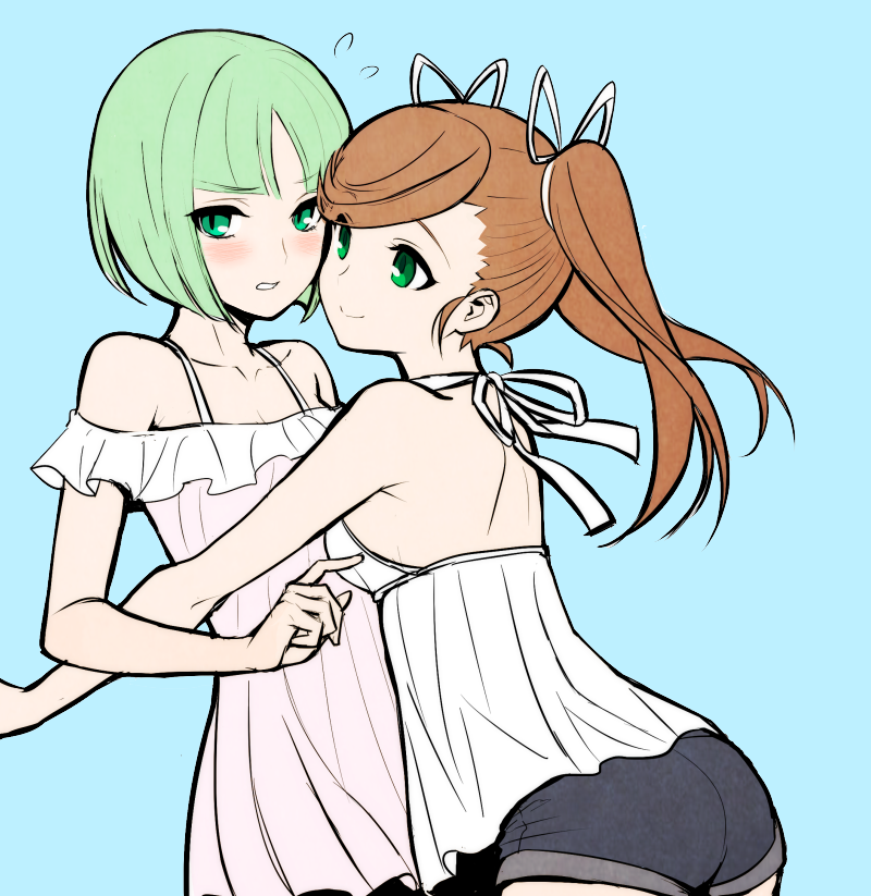 2girls, aqua_background, bare_back, bare_shoulders, blue_background, blush, breasts, brown_hair, chuunibyou, dress, embarrassed, green_eyes, green_hair, hair_ribbon, hug, light_green_hair, long_hair, looking_to_the_side, multiple_girls, nanase_(under_night_in-birth), off-shoulder_dress, off_shoulder, phonon_(under_night_in-birth), pink_dress, ribbon, short_hair, short_shorts, shorts, shorts_under_dress, small_breasts, smile, sundress, tb_(spr1110), tsundere, twintails, under_night_in-birth, white_dress, white_ribbon, yuri