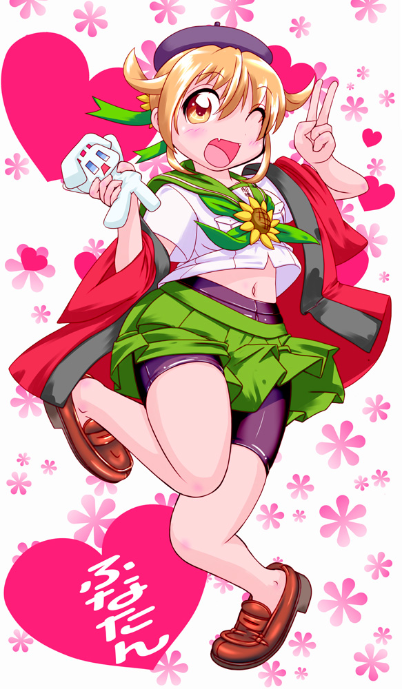 1girl, brown_footwear, brown_hair, funa-tan, green_skirt, one_eye_closed, sailor_collar, skirt