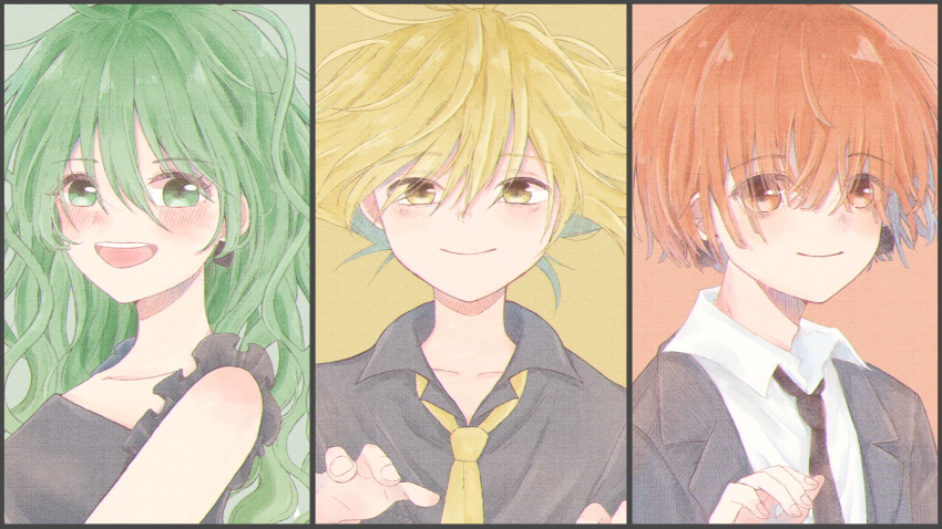 1girl, 2boys, :d, black_dress, black_necktie, black_shirt, blonde_hair, blush