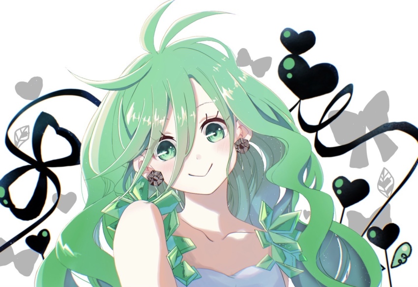 1girl, bad_anatomy, black_ribbon, bow, collarbone, earrings, eyelashes, green_eyes
