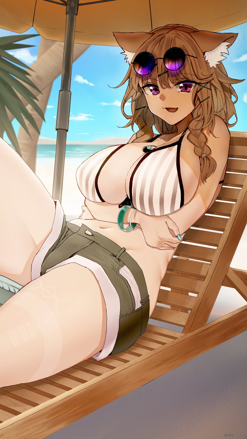 1girl, absurdres, arknights, arms_under_breasts, beach_chair, beach_umbrella, bikini, blue_nails, blue_sky, bracelet, braid, breasts, brown_hair, buchi_k018, cloud, cloudy_sky, cowboy_shot, day, eyewear_on_head, fang, fingernails, groin, hair_ornament, hairclip, highres, jewelry, large_breasts, long_fingernails, long_hair, looking_at_viewer, nail_polish, navel, necklace, official_alternate_costume, open_mouth, outdoors, palm_tree, planted, planted_umbrella, purple-tinted_eyewear, purple_eyes, short_shorts, shorts, sitting, skin_fang, sky, solo, striped_bikini, striped_clothes, sunglasses, swimsuit, thighs, tinted_eyewear, tree, umbrella, utage_(arknights), utage_(summer_flowers)_(arknights), x_hair_ornament