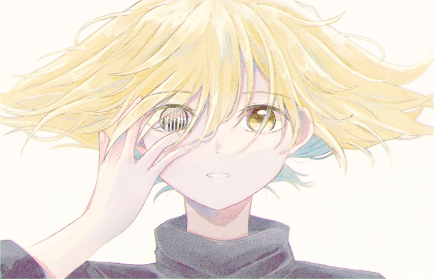 1boy, blonde_hair, hair_between_eyes, hand_up, heterochromia, highres, male_focus, messy_hair, nukumori_mashu, parted_lips, portrait, pppppp, simple_background, solo, sonoda_lucky, symbol-shaped_pupils, white_background, yellow_eyes