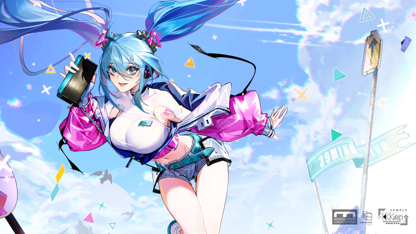 1girl, aqua_belt, armpit_cutout, arrow_(symbol), bag, belt, belt_buckle, blue_eyes