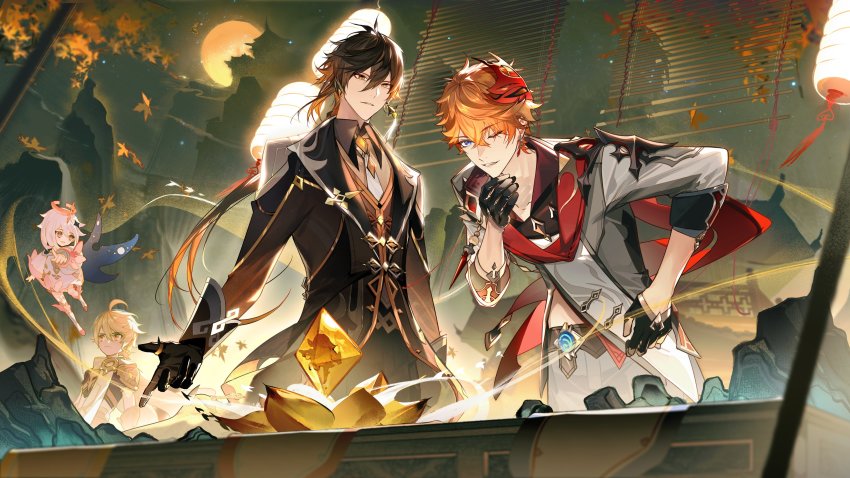 1girl, 3boys, absurdres, aether_(genshin_impact), ahoge, antenna_hair, architecture, bent_over