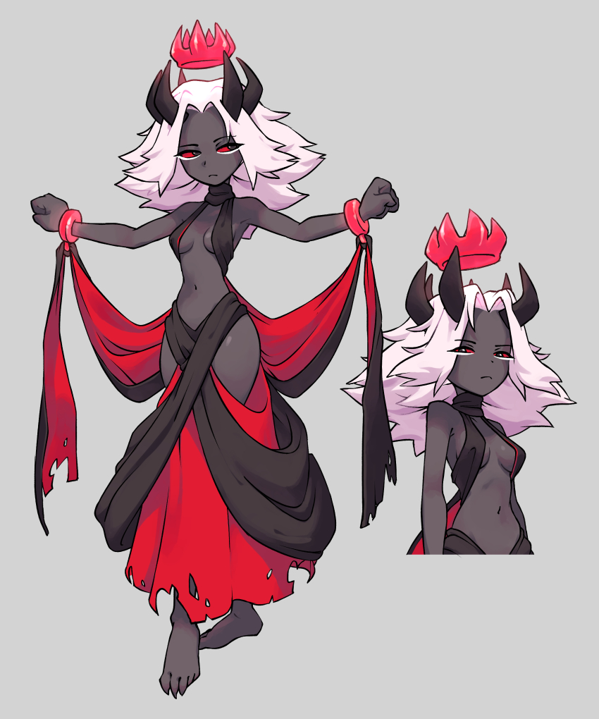 1girl, absurdres, barefoot, black_dress, black_skin, bracelet, breasts, clenched_hands, colored_sclera, colored_skin, commentary, crown, demon_girl, demon_horns, dress, english_commentary, fantasy, floating, floating_object, full_body, grey_background, highres, horns, jewelry, medium_breasts, navel, original, orisghost, pink_hair, red_dress, red_sclera, solo, standing, torn_clothes