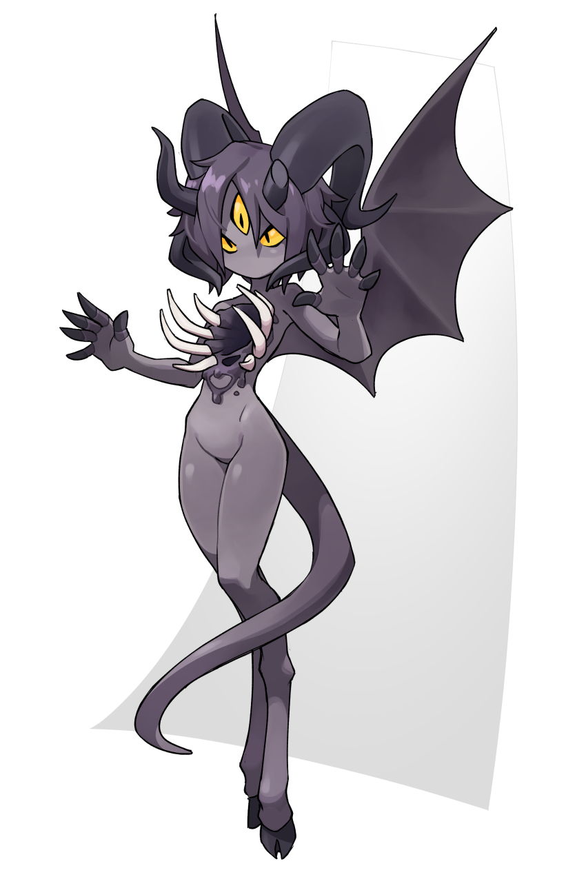 1girl, absurdres, black_hair, borrowed_character, broken_horn, chest_mouth, colored_skin, commentary