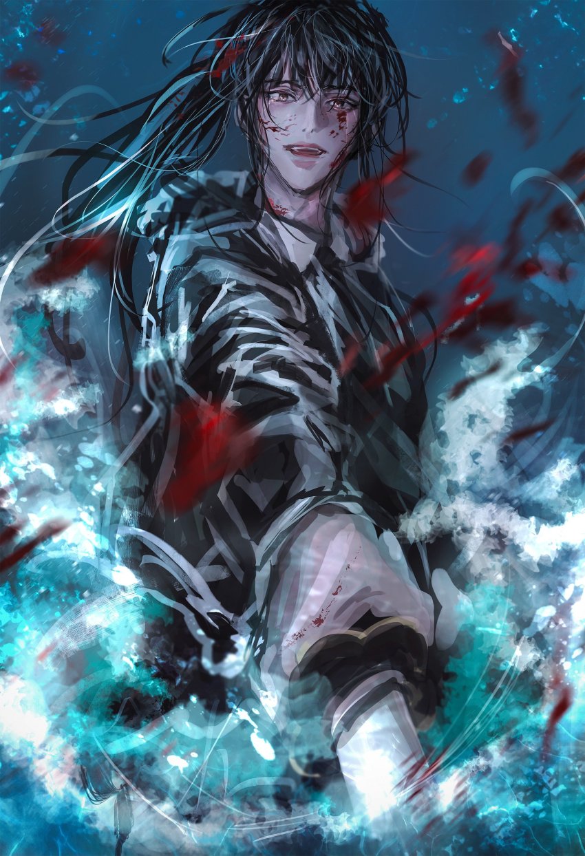 1girl, absurdres, black_eyes, black_hair, blood, blood_on_face, blue_background, crying