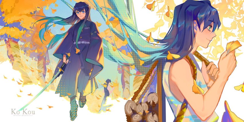 1boy, aqua_hair, arm_at_side, artist_name, belt, black_hair, black_pants, carrying_over_shoulder