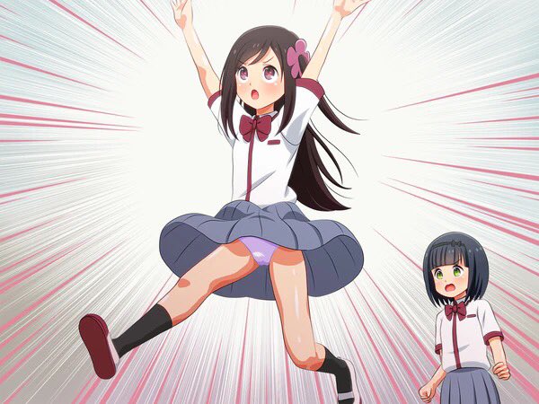 2girls, black_socks, blue_hair, brown_hair, green_eyes, grey_skirt, hitori_bocchi, hitoribocchi_no_marumaru_seikatsu, jumping, kurai_kako, libertaria123, long_hair, multiple_girls, one_side_up, open_mouth, panties, pink_panties, purple_eyes, red_ribbon, ribbon, shirt, shoes, short_hair, skirt, socks, straight_hair, underwear, wardrobe_malfunction, white_footwear, white_shirt