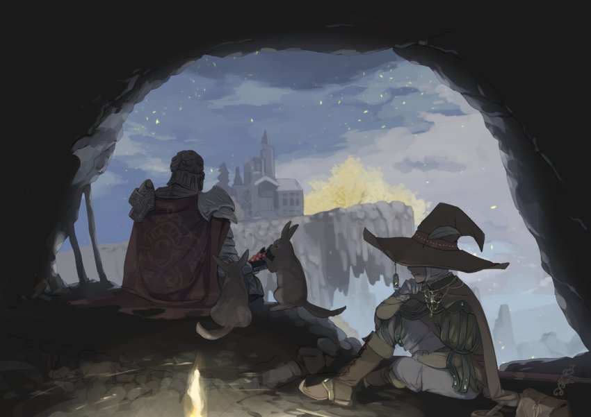 2boys, animal, armor, boots, cape, d_hunter_of_the_dead, elden_ring, facing_away