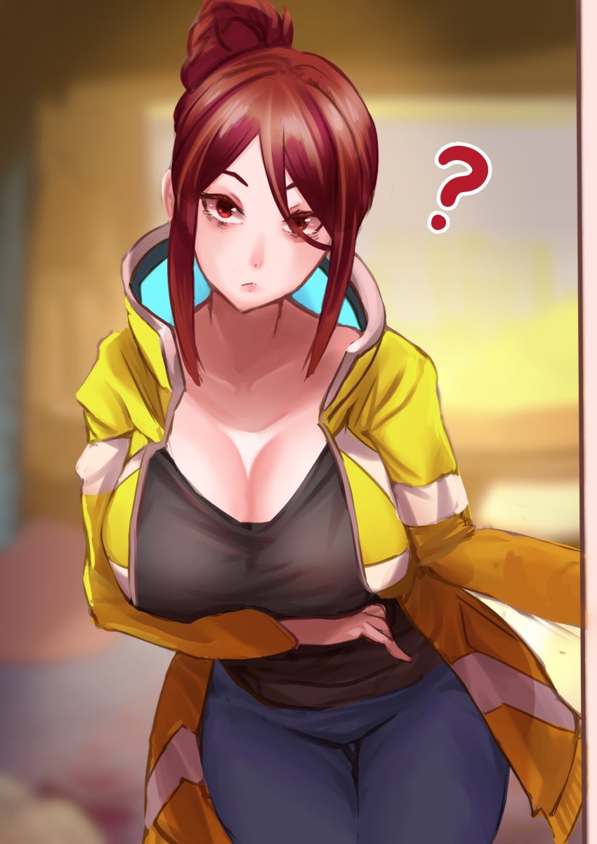 1girl, ?, absurdres, arms_under_breasts, breasts, cleavage, cyberpunk_(series), cyberpunk:_edgerunners, ffrouty_aiz, gloria_martinez, highres, huge_breasts, jacket, looking_at_viewer, mature_female, solo, striped_clothes, striped_jacket