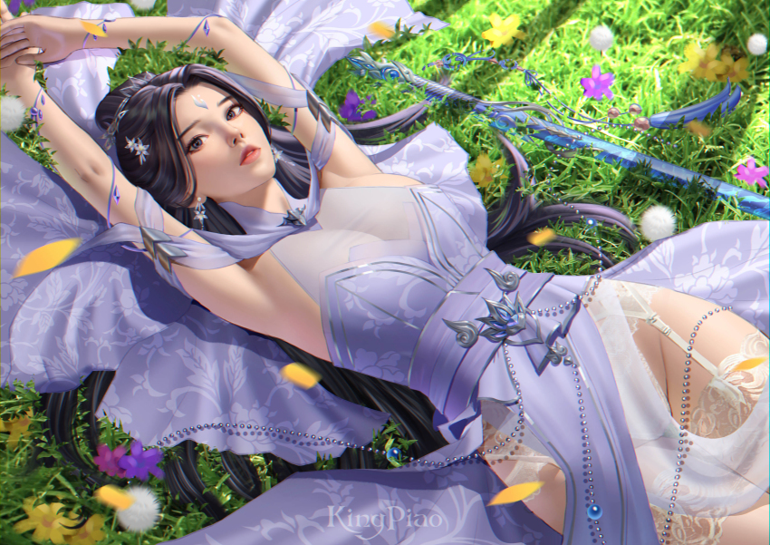 1girl, absurdres, armpits, arms_up, black_hair, blue_dress, breasts, capelet, chinese_clothes, dress, facial_mark, forehead_mark, from_above, grass, hair_bun, highres, kingpiao, large_breasts, long_hair, lu_xueqi_(zhu_xian), lying, on_back, solo, sword, thighhighs, underwear, upper_body, weapon, zhu_xian