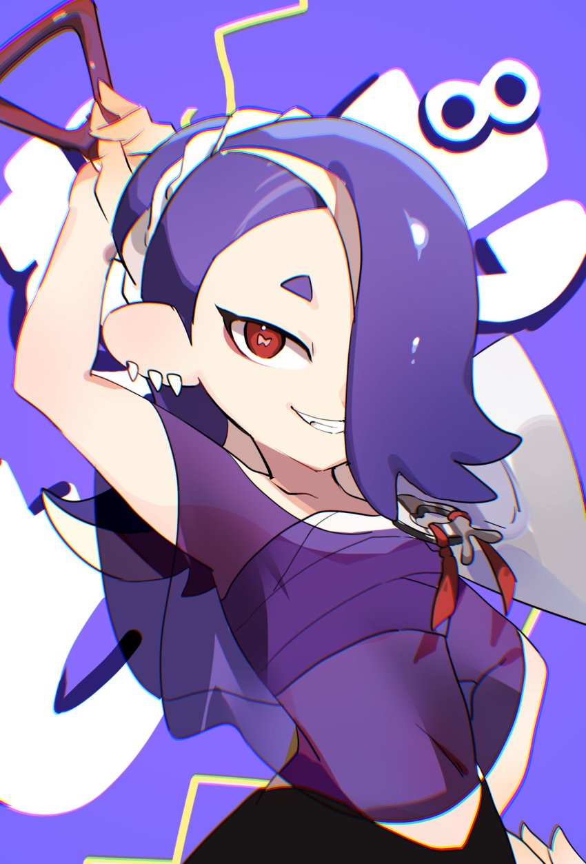 1girl, blue_hair, earrings, grin, hair_over_one_eye, highres, ika_esu, jewelry