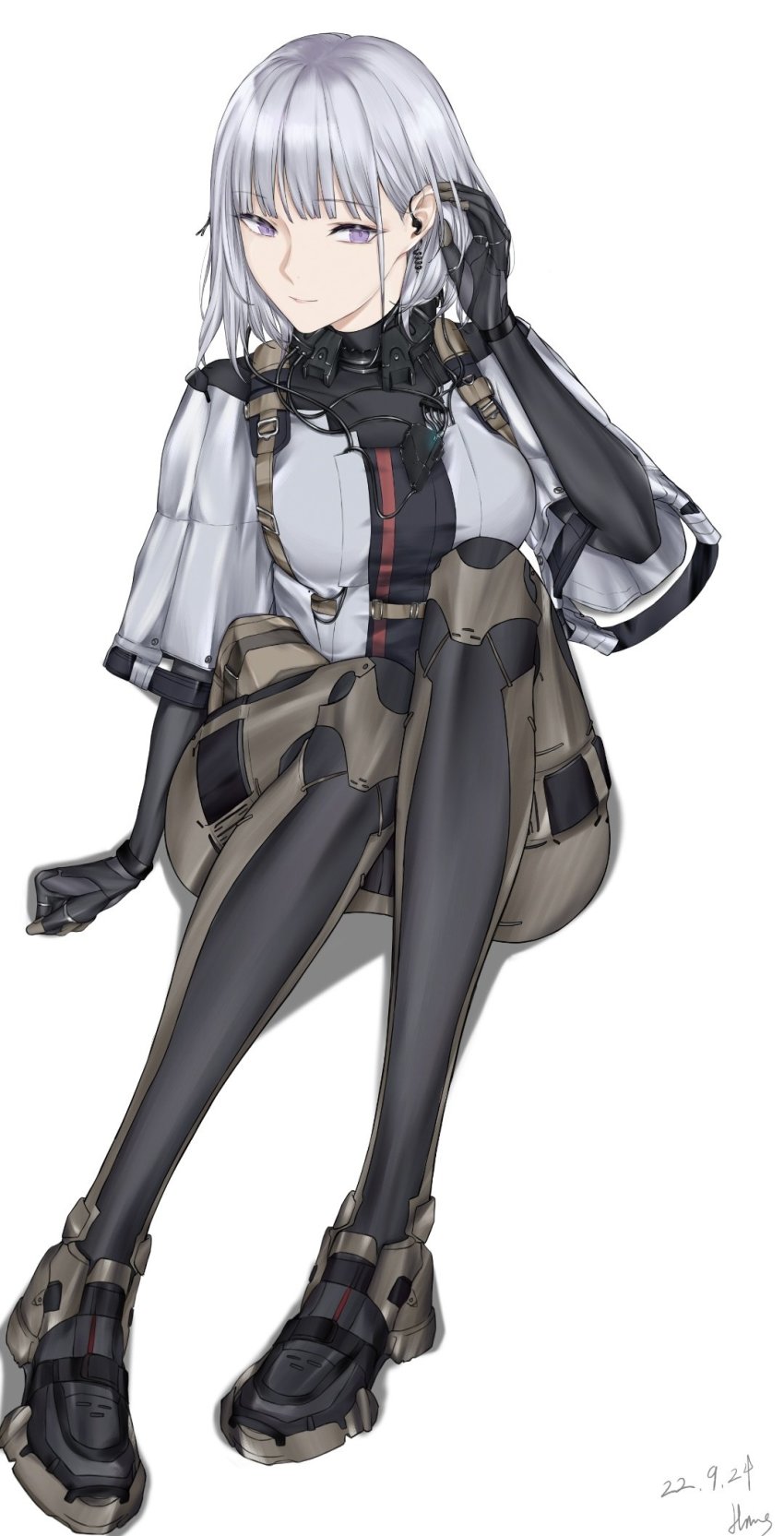 1girl, adjusting_hair, artist_name, black_bodysuit, black_gloves, bodysuit, breasts, chinese_commentary