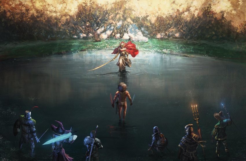 2girls, 6+boys, armor, blade, cape, character_request, covered_eyes, dark_souls_(series)