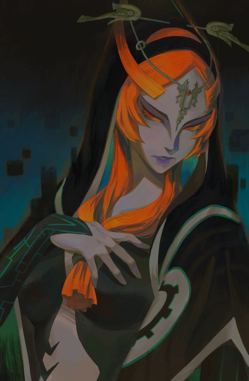 1girl, black_robe, breasts, circlet, colored_sclera, hand_on_own_chest, highres, lisa_(mochii_lisa), long_hair, looking_to_the_side, midna, midna_(true), nintendo, orange_hair, purple_lips, red_eyes, robe, the_legend_of_zelda, the_legend_of_zelda:_twilight_princess, yellow_sclera