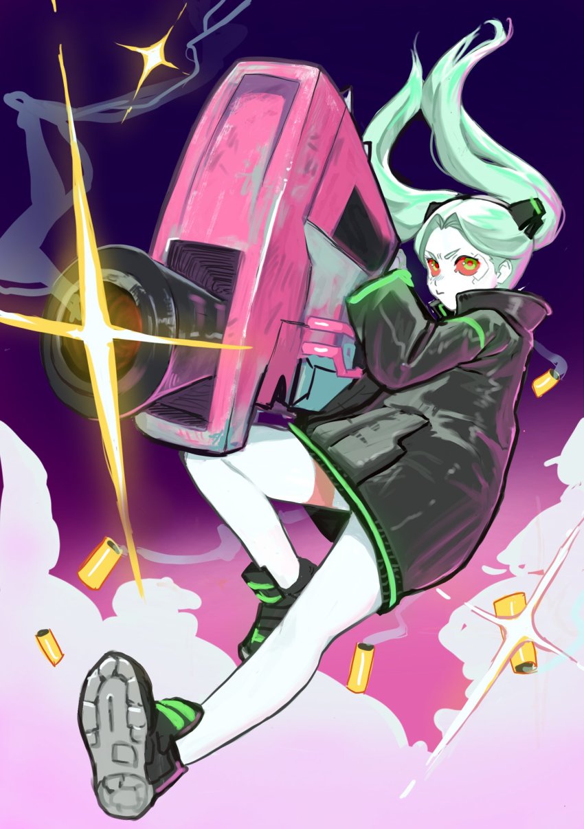 1girl, annie_lyce, artificial_eye, black_jacket, bra, breast_tattoo, breasts, cleavage