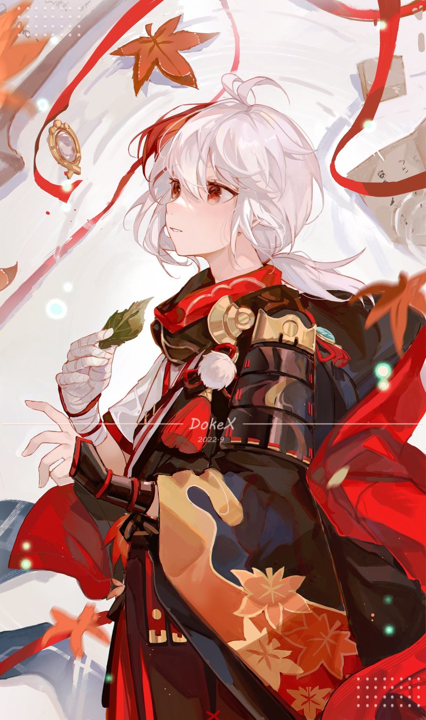 1boy, absurdres, antenna_hair, armor, artist_name, bandaged_arm, bandaged_hand, bandages