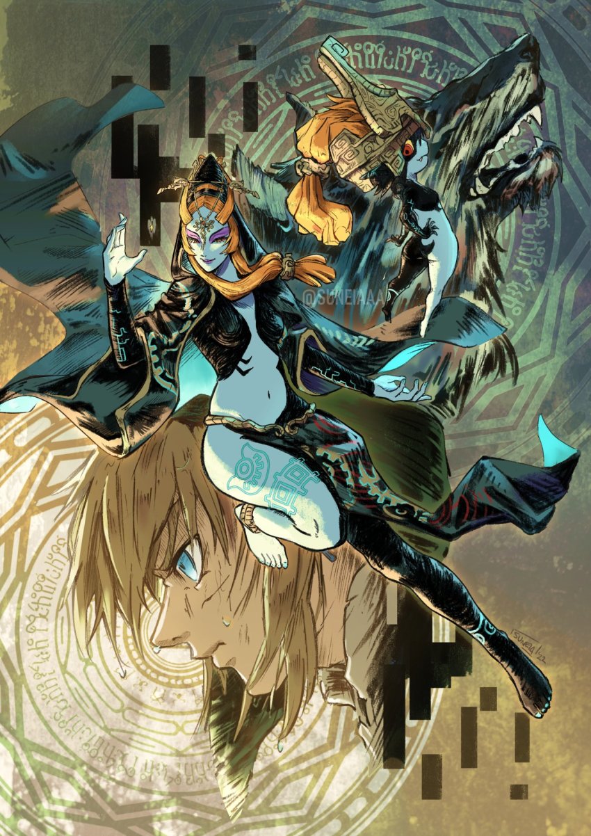 barefoot, blue_eyes, blue_skin, brown_hair, cloak, colored_skin, dual_persona, fangs, highres, link, long_skirt, mask, midna, midna_(true), nintendo, orange_hair, serious, skirt, smile, suneiaaa, the_legend_of_zelda, the_legend_of_zelda:_twilight_princess, wolf, wolf_link