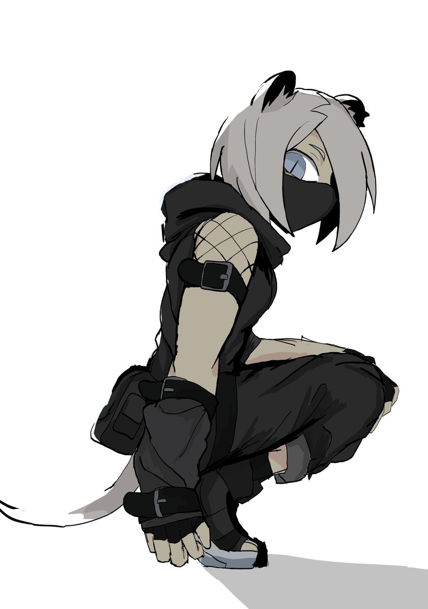 1girl, animal_ear_fluff, animal_ears, arknights, black_gloves, black_pants, black_shirt, black_shoes, blue_eyes, commentary, english_commentary, fingerless_gloves, fishnets, from_side, gloves, grey_hair, hair_over_one_eye, highres, looking_at_viewer, looking_to_the_side, mask, mouth_mask, nik_(slicknick_000), ninja, ninja_mask, pants, shadow, shirayuki_(arknights), shirt, shoes, simple_background, slit_pupils, solo, squatting, tail, white_background
