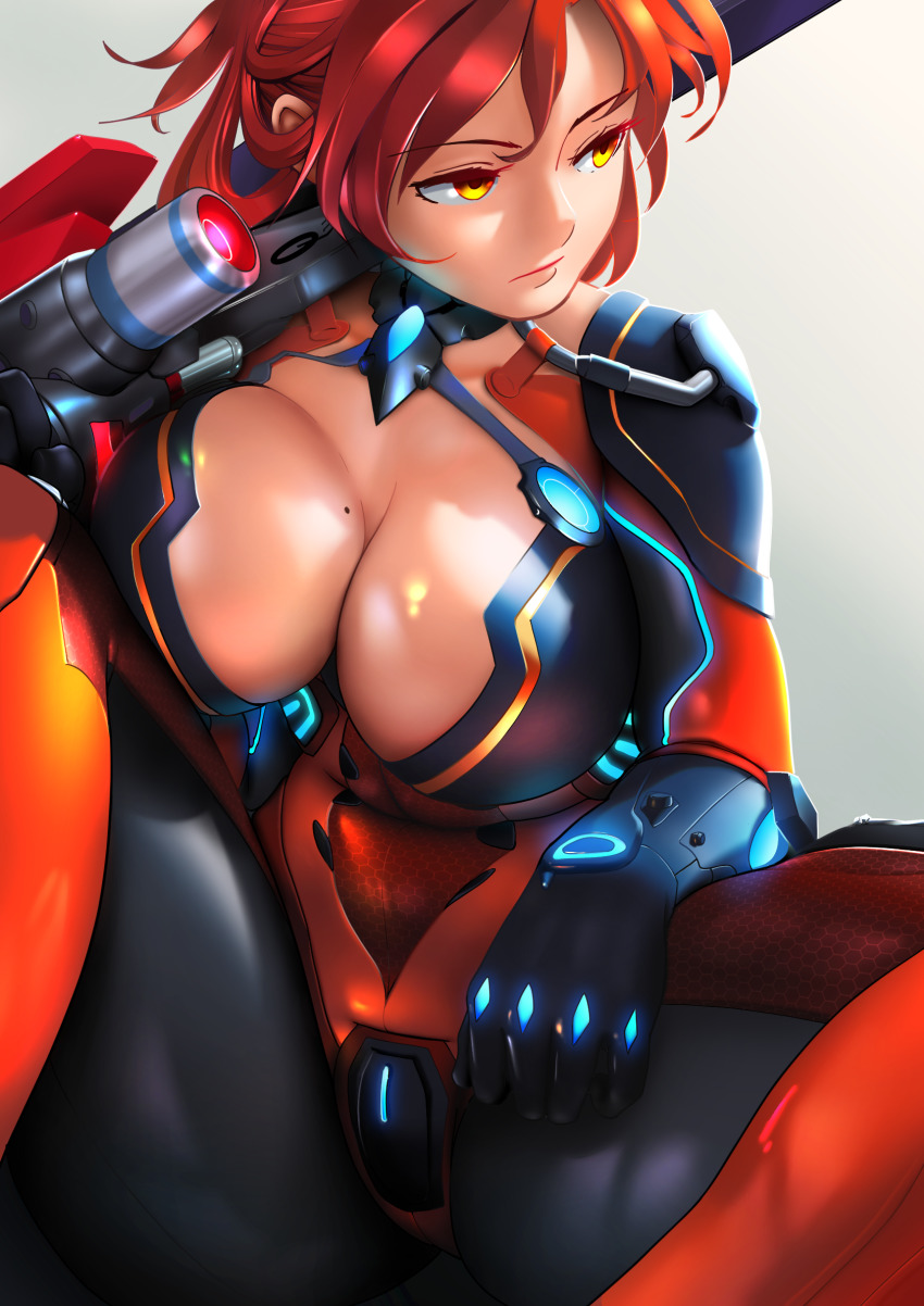 161803393_(artist), 1girl, bodysuit, breasts, cleavage, cleavage_cutout, clothing_cutout, commentary