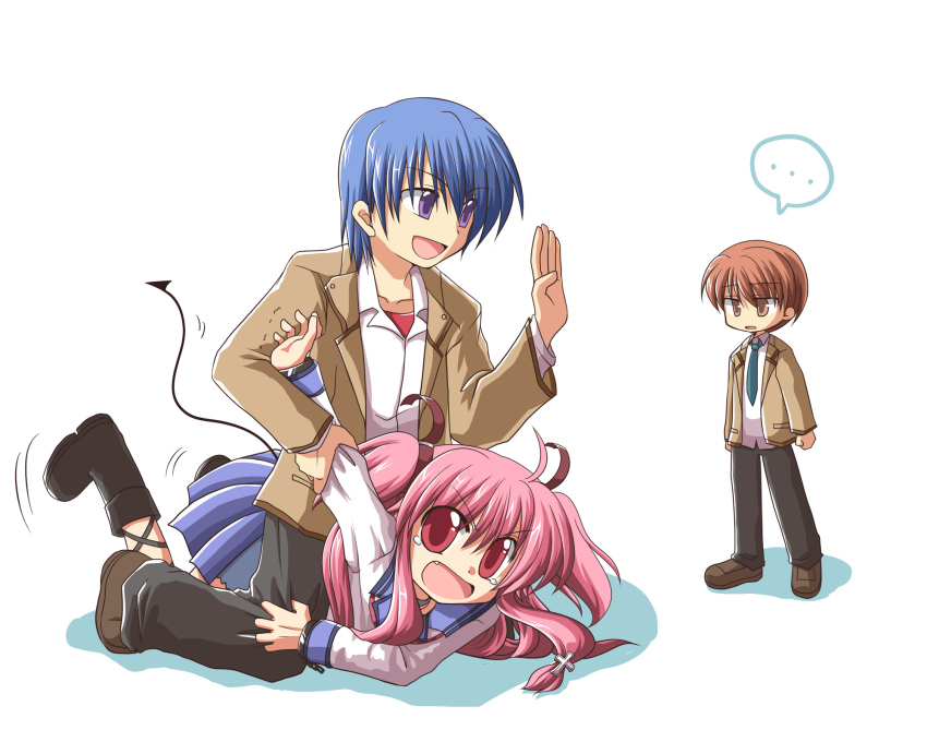 ..., 10s, 1girl, 2boys, ahoge, angel_beats!, ankle_lace-up, blue_hair