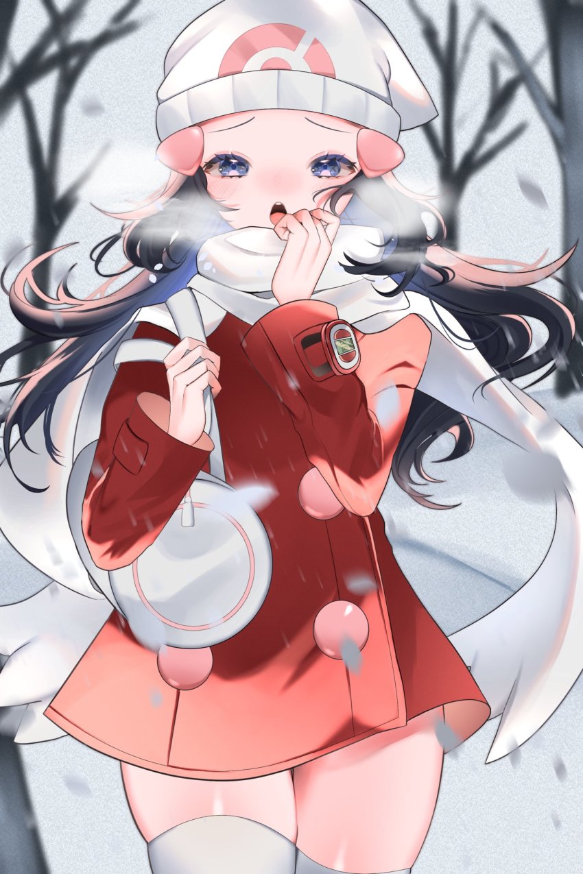 1girl, azuki_anko, bag, beanie, blue_eyes, blue_hair, dawn_(pokemon), dress