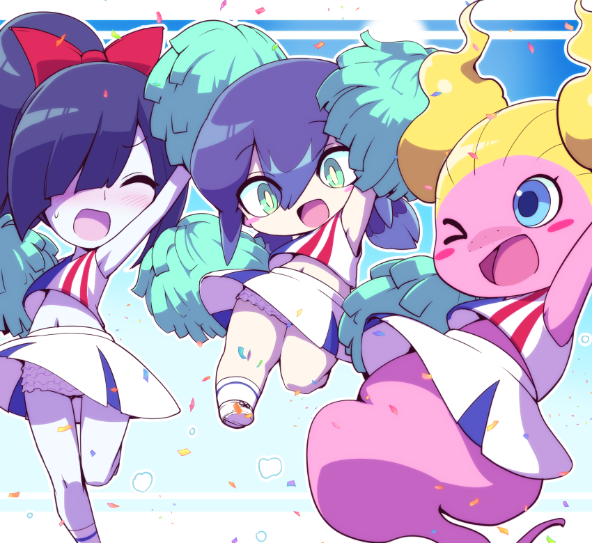 3girls, ameonna_(youkai_watch), arms_up, ashitagirl, blush, cheerleader, child, closed_eyes