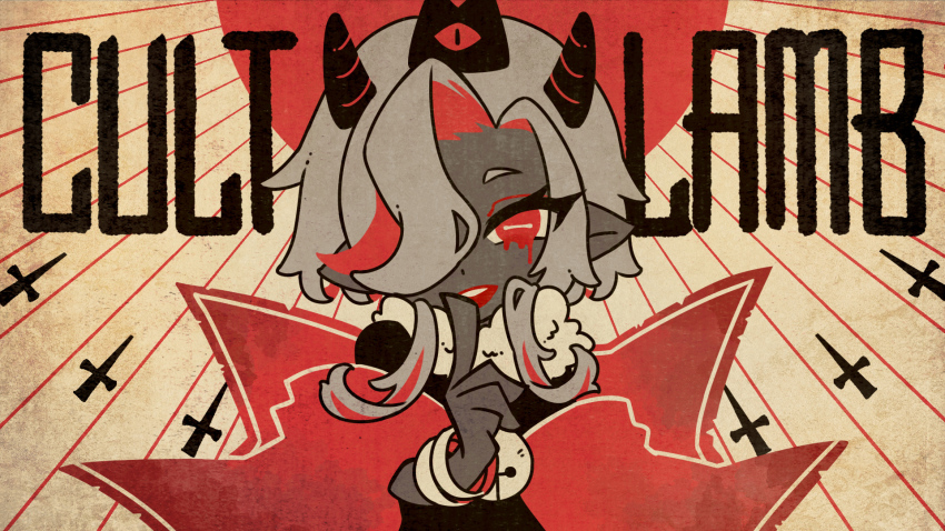 1boy, :d, black_shirt, blood, bloody_tears, bracelet, chibi, colored_skin, copyright_name, cosplay, cross, cult_of_the_lamb, finger_to_mouth, fur_trim, grey_hair, grey_skin, hair_over_one_eye, highres, holostars, horizontal_pupils, horns, index_finger_raised, inverted_cross, jewelry, keishi_(trap), limited_palette, looking_at_viewer, male_focus, medium_hair, multicolored_hair, open_mouth, pointy_ears, red_crown_(cult_of_the_lamb), red_eyes, red_hair, red_shawl, shawl, sheep_boy, shirt, smile, solo, streaked_hair, teeth, the_lamb_(cult_of_the_lamb), the_lamb_(cult_of_the_lamb)_(cosplay), upper_body, upper_teeth_only, utsugi_uyu, virtual_youtuber, yellow_background