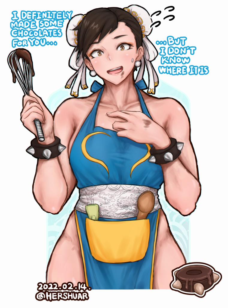 1girl, apron, artist_name, breasts, brown_eyes, brown_hair, bun_cover, capcom