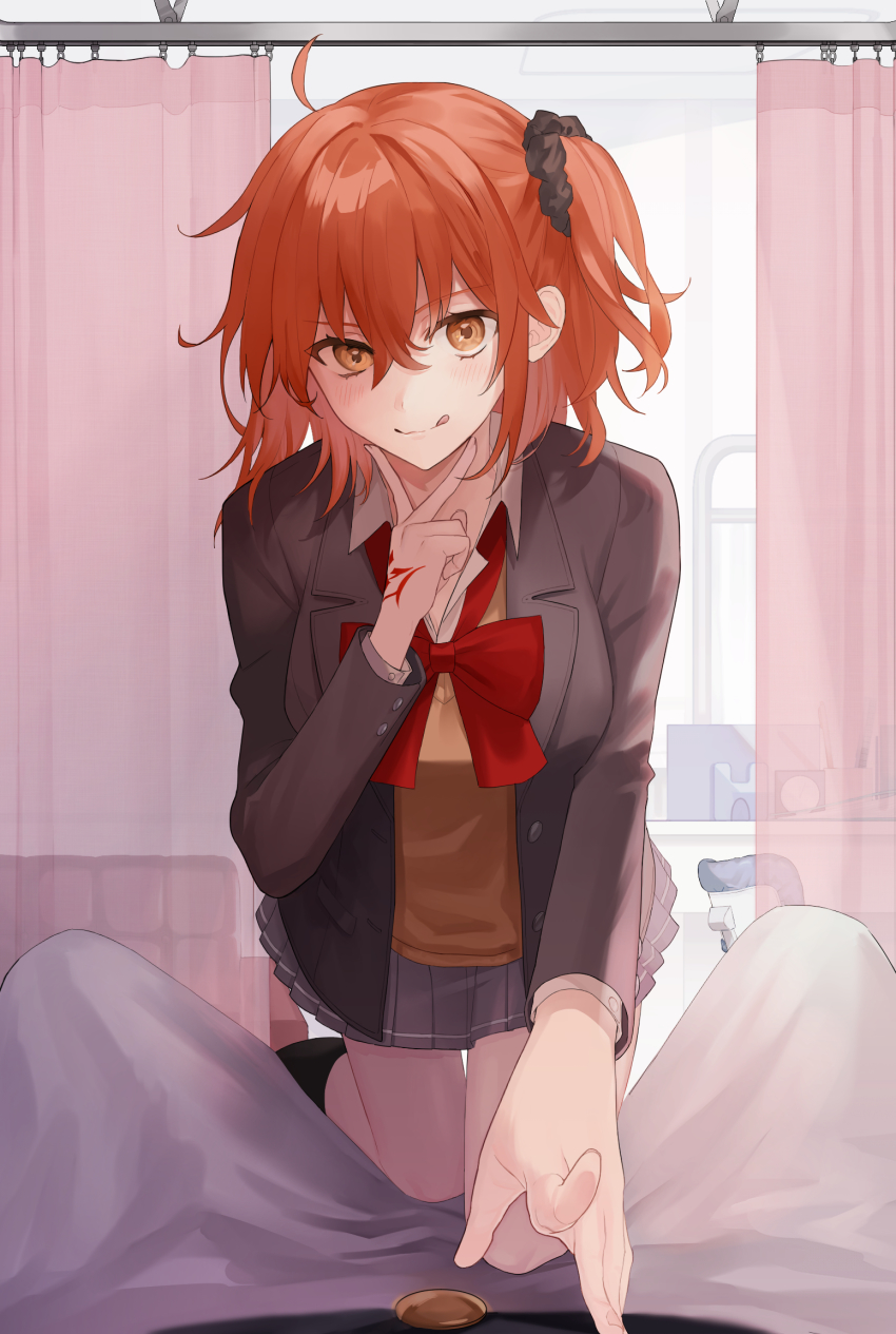 1girl, ahoge, blush, command_spell, fate/grand_order, fate_(series), fujimaru_ritsuka_(female), hair_ornament, highres, jacket, looking_at_viewer, orange_eyes, orange_hair, pleated_skirt, ribbon, ringo_2000, school_uniform, short_hair, side_ponytail, skirt, smile, solo, tongue, tongue_out