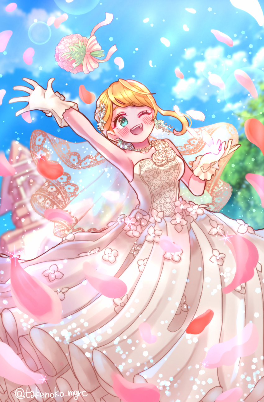 1girl, ;d, alternate_costume, alternate_hairstyle, arm_up, blue_sky, blurry, blurry_background