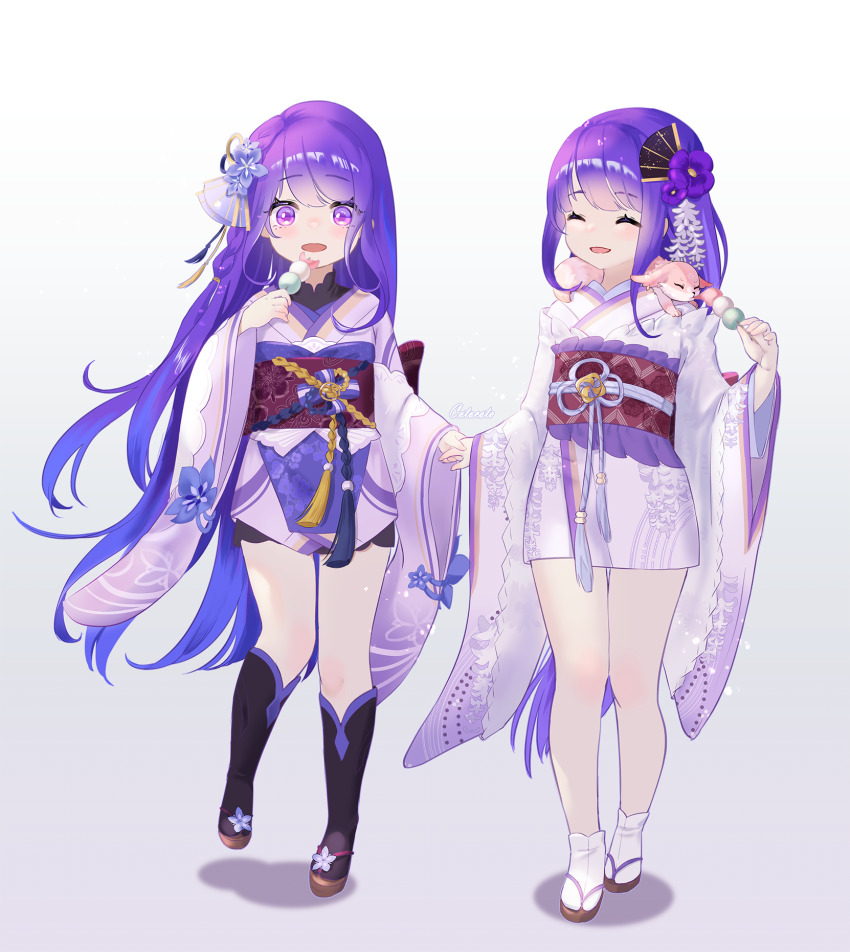 2girls, aged_down, animal_ears, black_footwear, child, cotocoto, dango, food, fox, fox_ears, fox_tail, genshin_impact, geta, hair_ornament, highres, japanese_clothes, kimono, long_hair, makoto_(genshin_impact), md5_mismatch, multiple_girls, purple_eyes, purple_hair, purple_kimono, raiden_shogun, resolution_mismatch, sanshoku_dango, simple_background, source_smaller, spoilers, tail, wagashi, white_background, white_footwear, yae_miko, yae_miko_(fox)