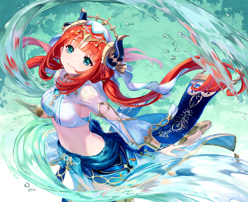 1girl, aqua_eyes, blunt_bangs, bracer, breasts, circlet, closed_mouth, clothing_cutout