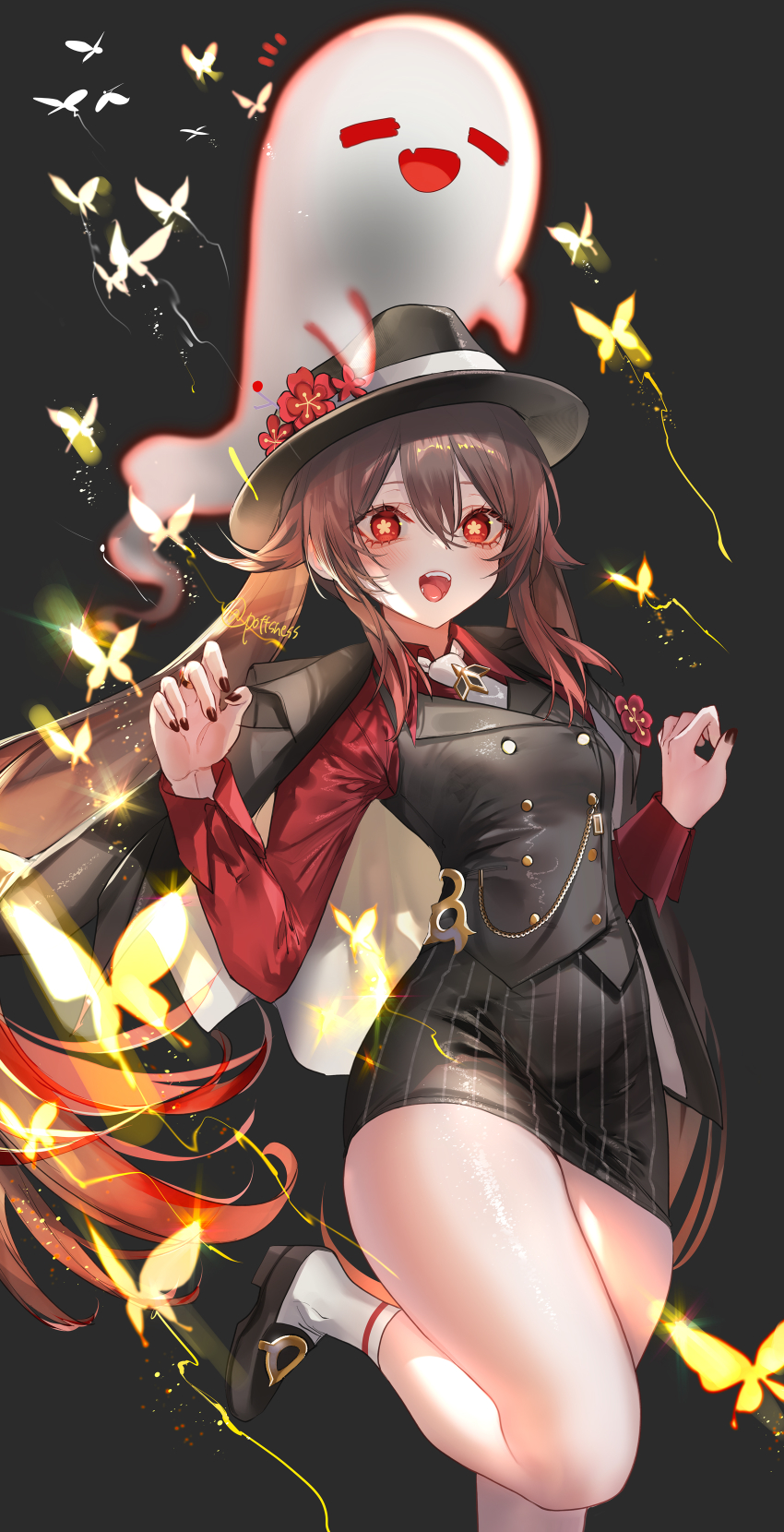 1girl, :d, absurdres, aegyo_sal, black_background, black_coat, black_footwear, black_hat, black_nails, black_vest, blush, boo_tao_(genshin_impact), brown_hair, bug, butterfly, chain, coat, coat_on_shoulders, eyelashes, fedora, flower, flower-shaped_pupils, genshin_impact, hair_between_eyes, hat, highres, hu_tao_(genshin_impact), hu_tao_(oneplus)_(genshin_impact), insect, leg_up, long_hair, long_sleeves, looking_at_viewer, nail_polish, necktie, open_mouth, plum_blossoms, pottsness, red_shirt, shirt, smile, socks, solo, symbol-shaped_pupils, teeth, thighs, twintails, upper_teeth_only, vest, white_necktie